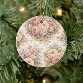 Vintage Ros Blommönster | Elegant Pastell  Julgransprydnad Keramik