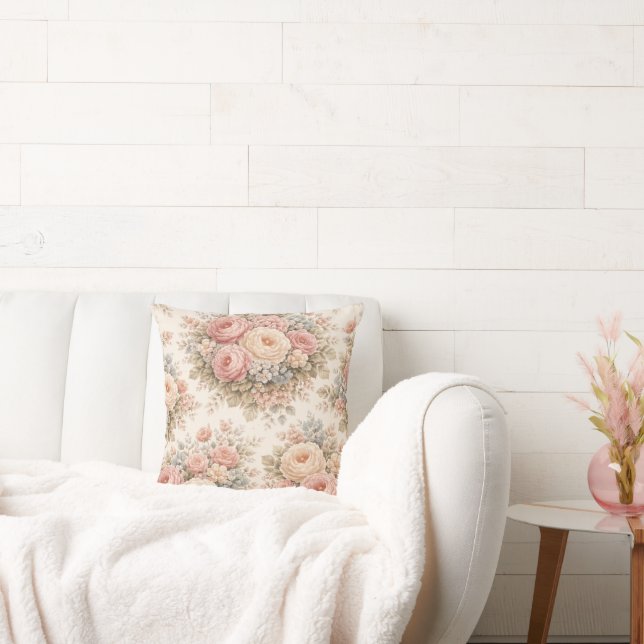 Vintage Ros Blommönster | Elegant Pastell  Kudde (Soffa)