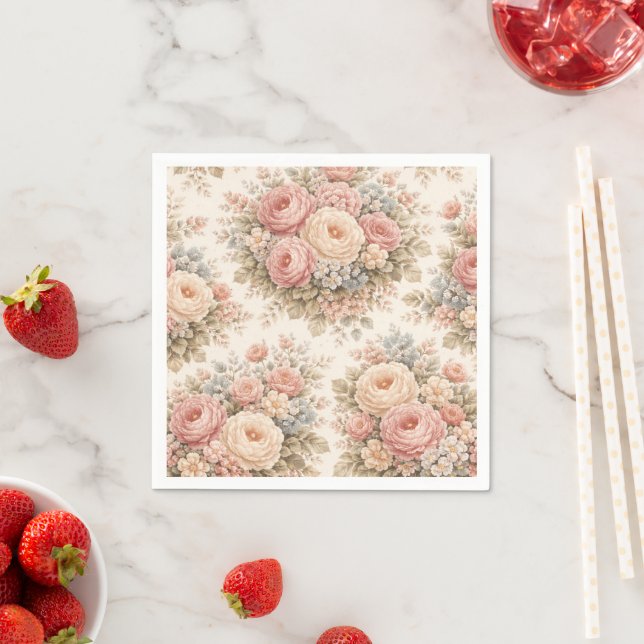 Vintage Ros Blommönster | Elegant Pastell  Pappersservett (Insitu)