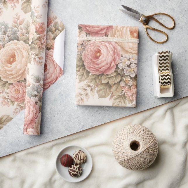 Vintage Ros Blommönster | Elegant Pastell  Presentpapper (Hantverk)