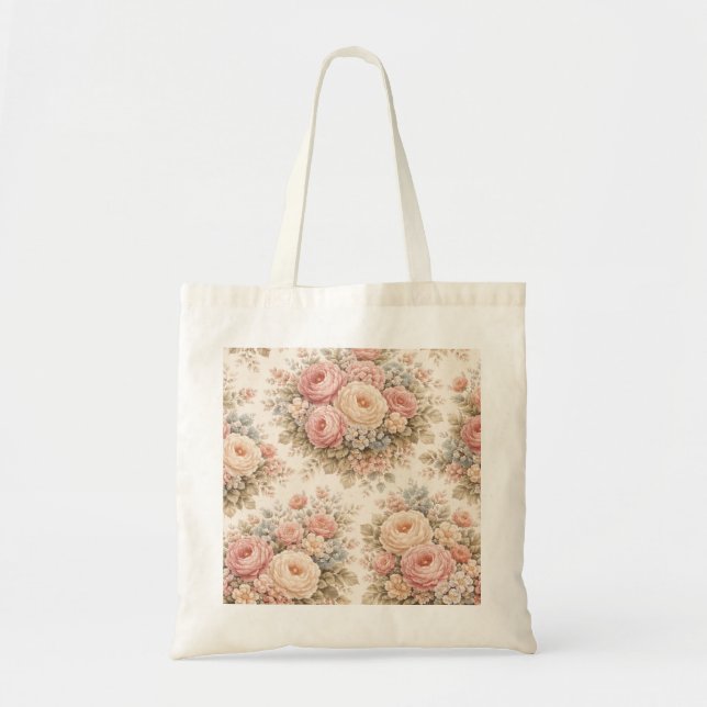 Vintage Ros Blommönster | Elegant Pastell  Tygkasse (Framsidan)
