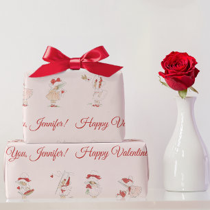 Vintage Rosa Alla Hjärtans Dag Söta Flickor Röda H Presentpapper