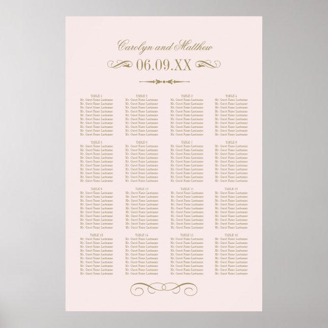 Vintage Rosa Antique Flourish Bröllop Seating Poster (Framsidan)