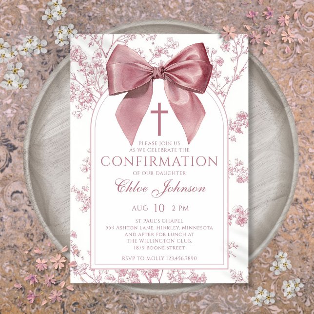 Vintage Rosa Båge Blommig Flickbekräftelse Inbjudningar (Vintage Pink Bow Floral Girl Confirmation Invitation)