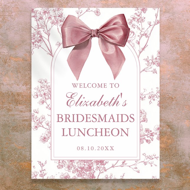 Vintage Rosa Båge Brudtärnor Lunch Välkomstskylt Poster (Vintage Pink Bow Bridesmaids Luncheon Welcome Sign)