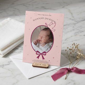 Vintage Rosa Band Rosett Oval Foto Babyflicka Inbjudningar