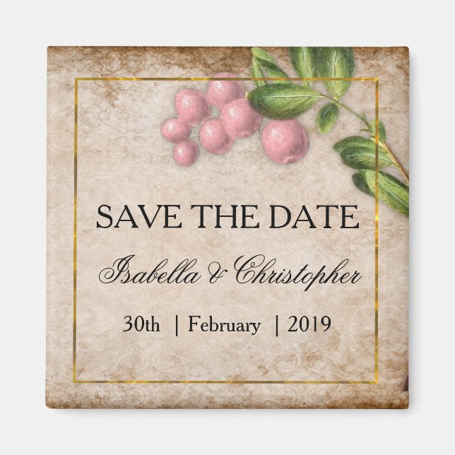 Vintage Rosa Berries Bröllop spara datum Magnet (Framsidan)