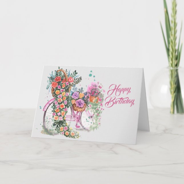 Vintage Rosa Bicycle Blommigt Födelsedag Kort (Framsida)