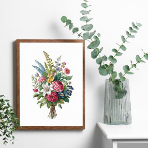 Vintage Rosa Blå Gula Vita Vilda Blommor Bouquet Poster