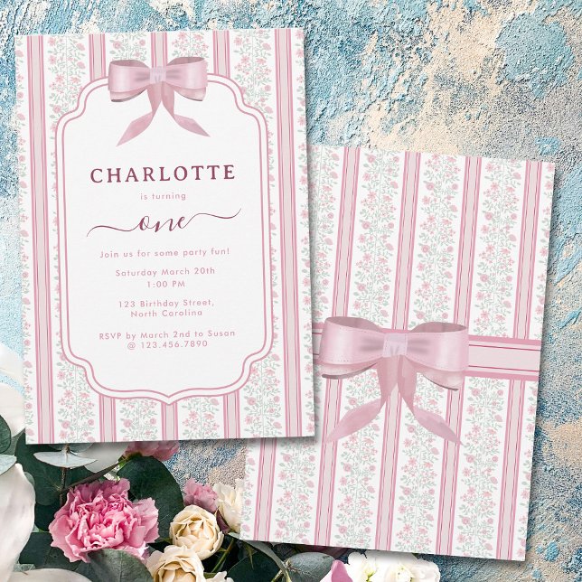 Vintage Rosa Blommig Coquette Slinga Födelsedagsfi Inbjudningar (Vintage Pink Floral Coquette Bow Birthday Party Invitation)