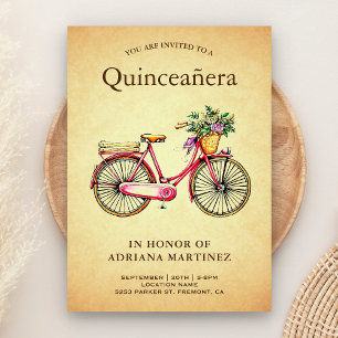 Vintage Rosa Blommig Cykel Quinceanera Inbjudningar