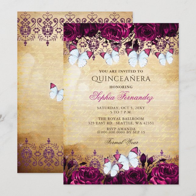 Vintage Rosa Blommig Fjäril Quinceañera  Inbjudningar (Fram/baksida)