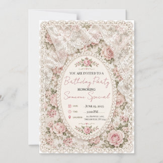 Vintage Rosa Blommig Spets Födelsedagsinbjudan Magnetisk Inbjudningskort