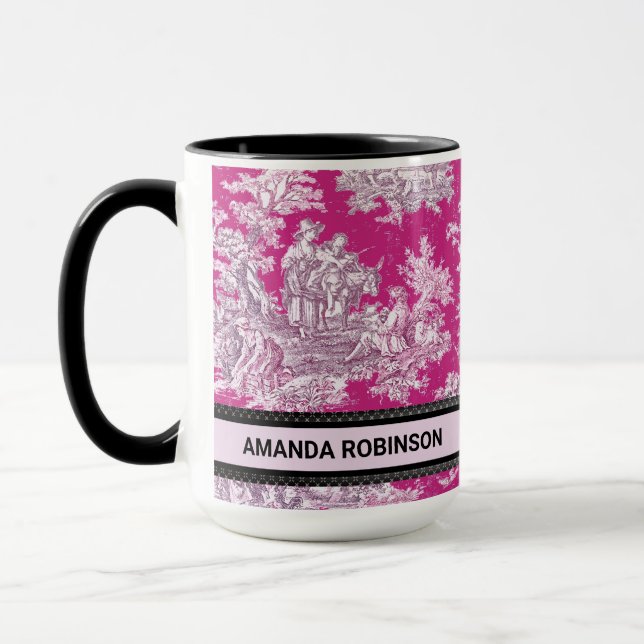 Vintage Rosa Blommig Toile de Jouy Monogram Mugg (Vänster)
