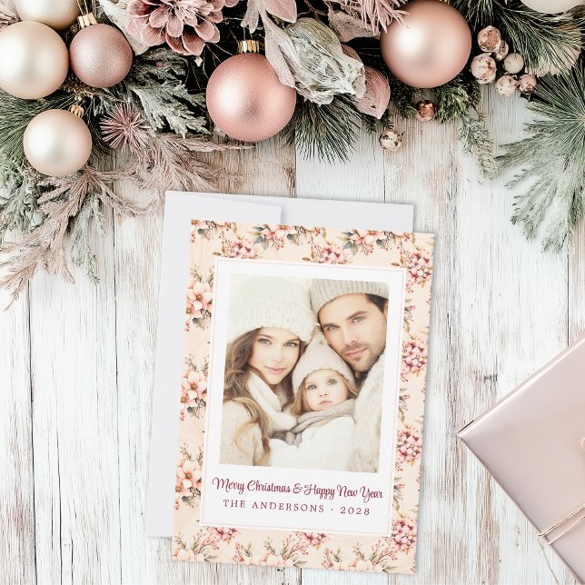 Vintage Rosa Blommigt Anpassade jul - platt Julkort (Shabby Chic Christmas Flat Card)