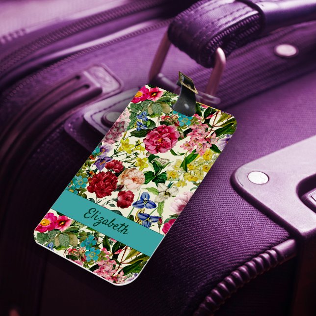 Vintage rosa blommigt beige mönster monogram bagagebricka (Skapare uppladdad)