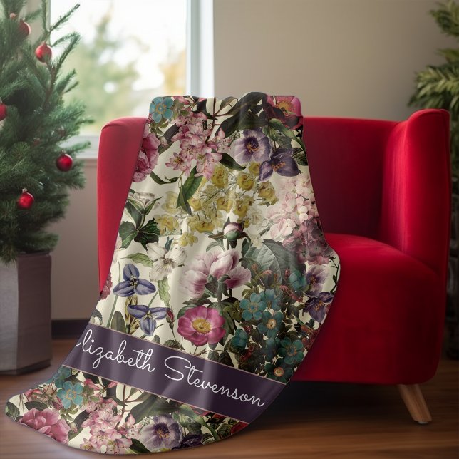 Vintage rosa blommigt beige mönster monogram fleecefilt (Skapare uppladdad)