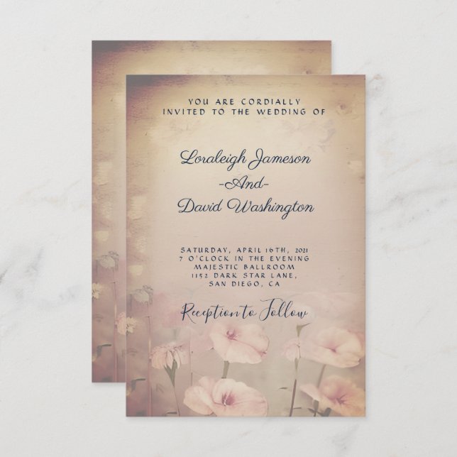 Vintage rosa blommigt Bröllop Inbjudningar (Fram/baksida)