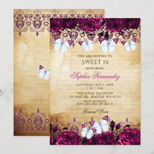 Vintage Rosa Blommigt Butterfly Sweet 16 Inbjudningar