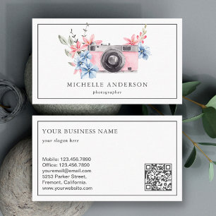 Vintage Rosa Blommigt Camera QR-kodfotograf Visitkort