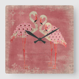 Vintage Rosa Blommigt Flamingos Clock Fyrkantig Klocka