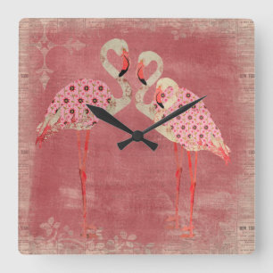 Vintage Rosa Blommigt Flamingos Clock Fyrkantig Klocka