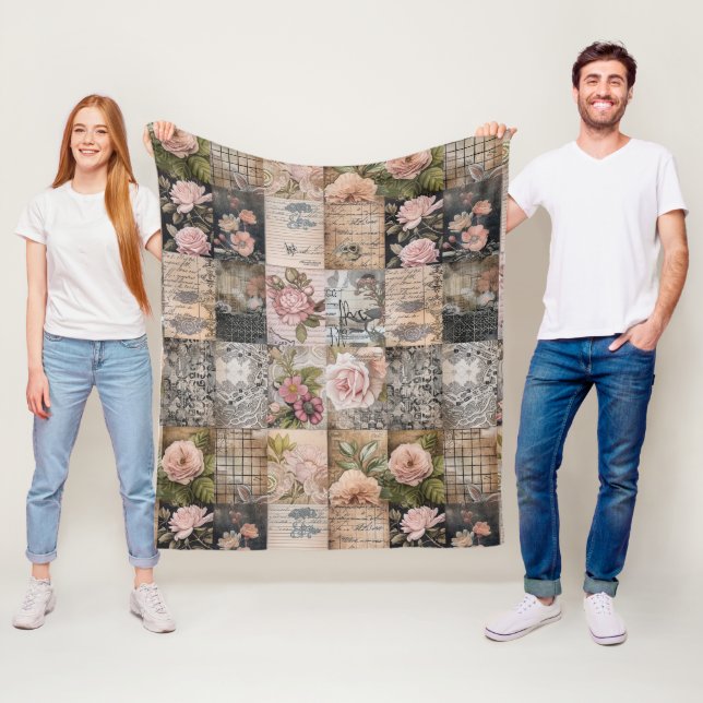 Vintage Rosa Blommigt Grunge Quilt Mönster Fleecefilt (På plats)
