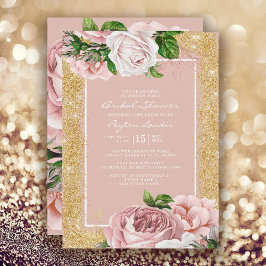 Vintage Rosa Blommigt Guld Glitter Möhippa Inbjudningar