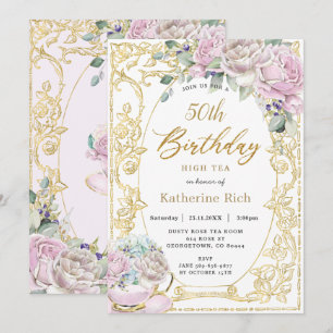 Vintage Rosa Blommigt High Tea Birthday ANY AGE Inbjudningar