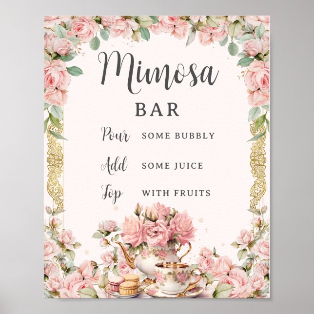 Vintage Rosa Blommigt High Tea Möhippa Mimosa Poster (Framsidan)