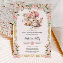 Vintage Rosa Blommigt High Tea Party Baby Shower Inbjudningar