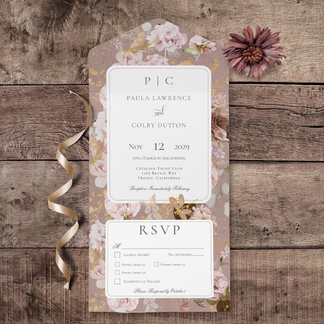 Vintage Rosa  Blommigt, måndagsmat (Vintage Pink Blush Floral Monogram All In One Wedding Invitation with Dinner Options)
