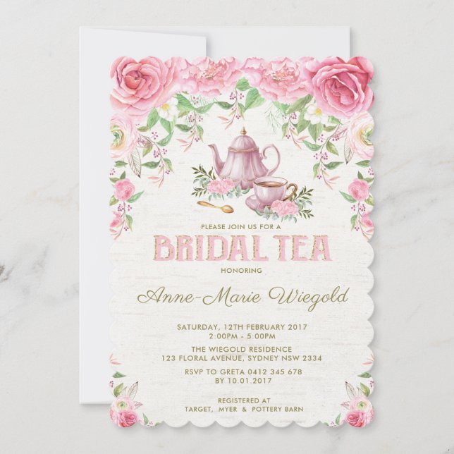 Vintage Rosa Blommigt Möhippa Tea Party Inbjudan (Framsida)