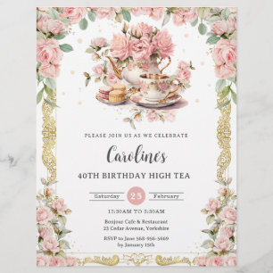 Vintage Rosa Blommigt Ro High Tea Party födelsedag Reklamblad