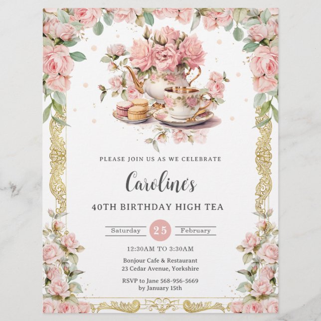 Vintage Rosa Blommigt Ro High Tea Party födelsedag Reklamblad (Framsidan)
