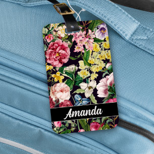 Vintage rosa blommigt svart mönster monogram bagagebricka