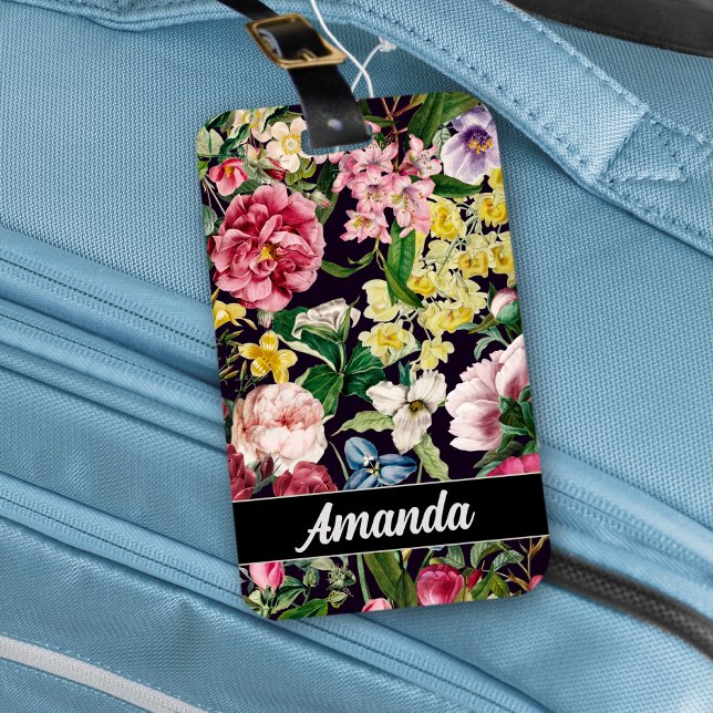 Vintage rosa blommigt svart mönster monogram bagagebricka (Skapare uppladdad)