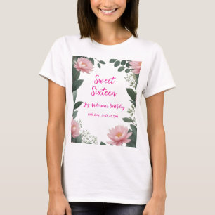 vintage rosa Blommor grönt eucalyptus 16 födelseda T Shirt