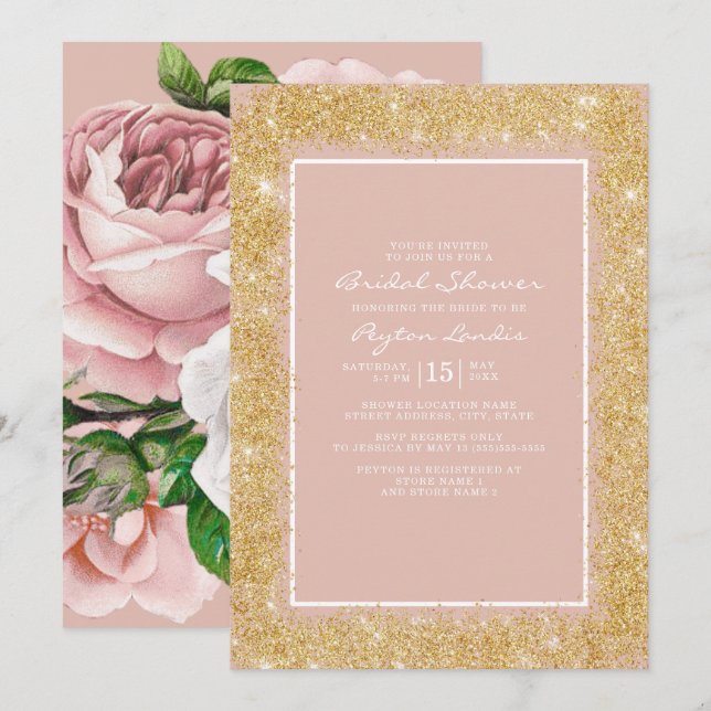 Vintage Rosa Blommor Guld Glitter Bröllopsfest Inbjudningar (Fram/baksida)