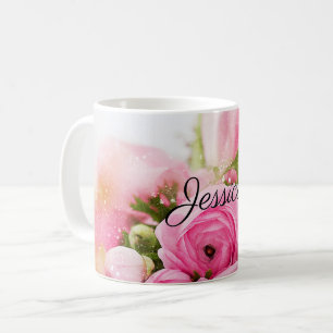 Vintage Rosa Blommor med ditt namn Kaffemugg
