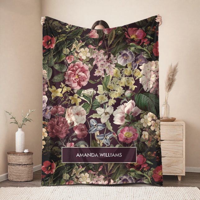 Vintage rosa blomster svart mönster monogram fleecefilt (Skapare uppladdad)