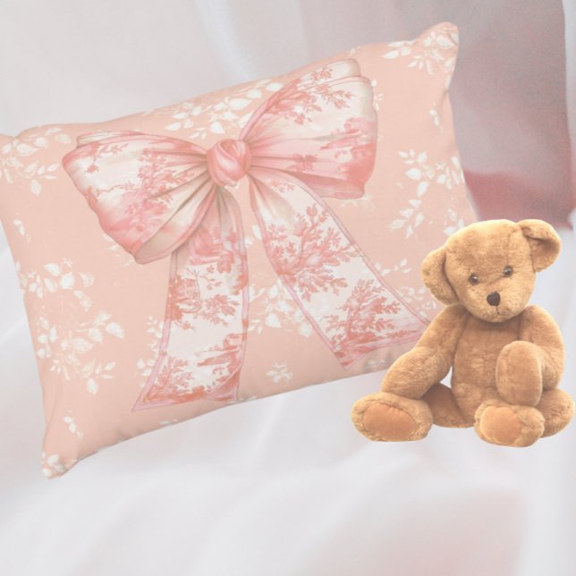 Vintage rosa blomstertoalettbågar  prydnadskudde (Sweet peachy pink toile bow!)