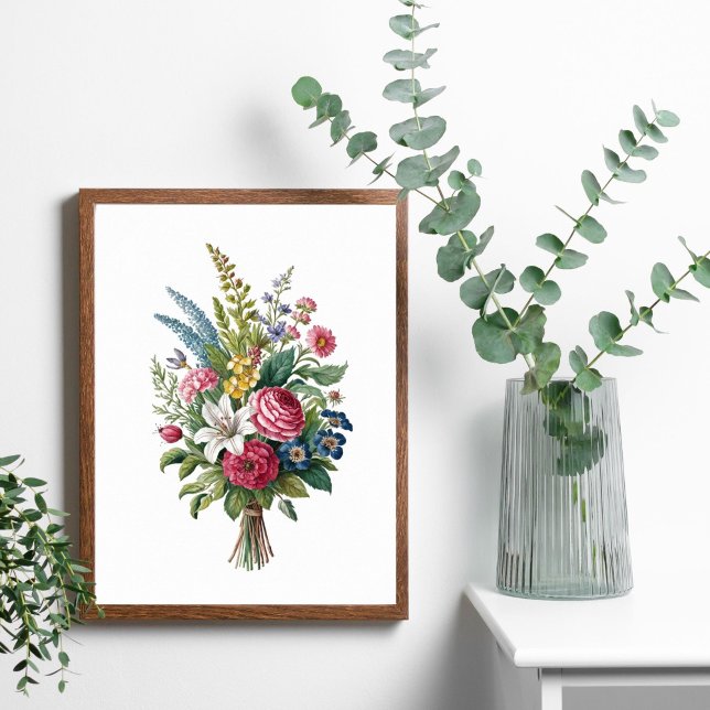 Vintage Rosa Blue Gult White Wildblommet Bouquet Poster (Vintage Wildflowers poster print. Colors are Pink Blue Yellow and White. Printed or Digital Download)