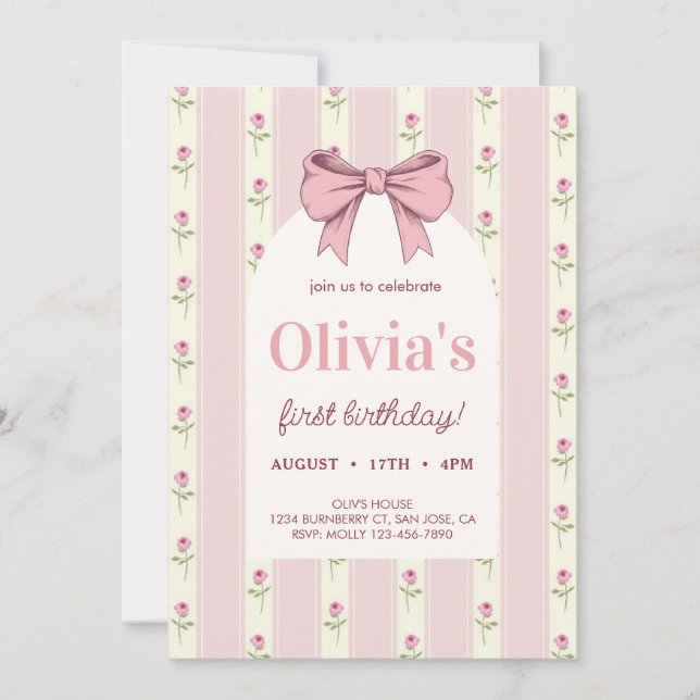 Vintage Rosa Bow Blommigt Girl Birthday Inbjudningar (Framsida)