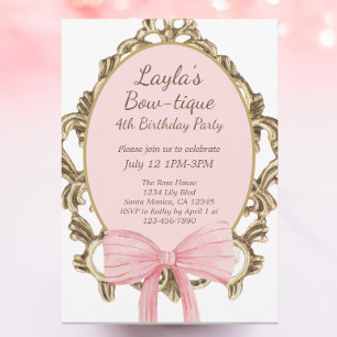 Vintage Rosa Bow Boutique Princess Födelsedagsfest Inbjudningar