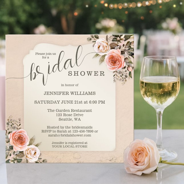 Vintage Rosa Bröllopsdusch i Vattenfärg Inbjudningar (Bridal shower invitation featuring blush pink vintage watercolor roses with elegant script text)