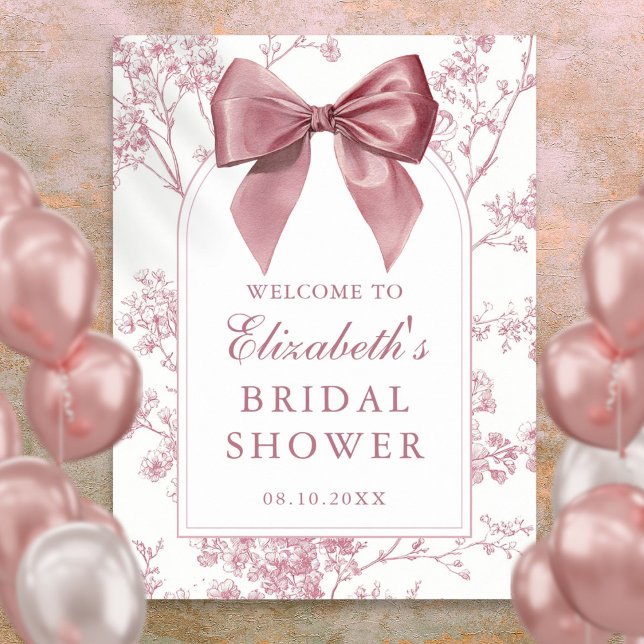 Vintage Rosa Bröllopsfest Välkomstskylt Poster (Vintage Pink Bow Bridal Shower Welcome Sign)