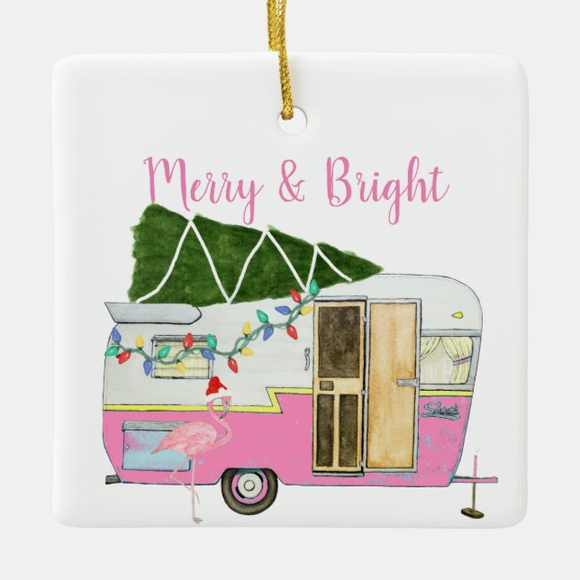 Vintage Rosa Camping Trailer Julgransprydnad Keramik (Framsida)