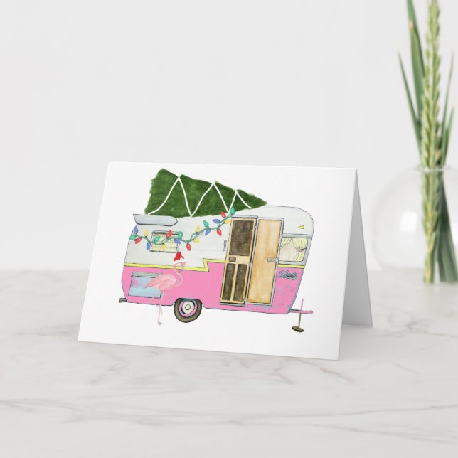 Vintage Rosa Camping Trailer Julkort Kort (Framsida)