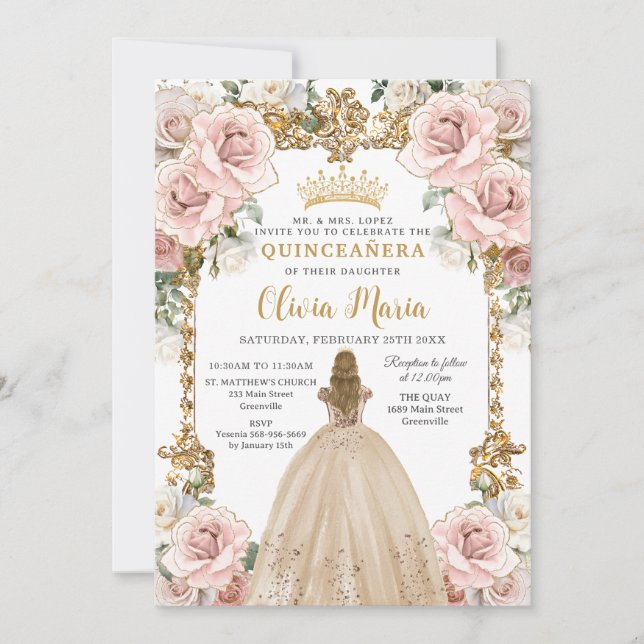 Vintage  Rosa Champagne Blommigt Quinceañera Inbjudningar (Framsida)
